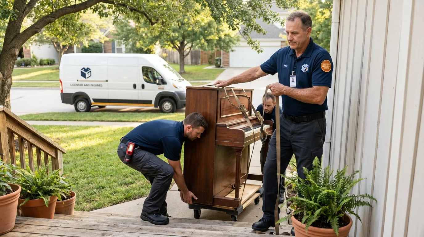 Licensed piano movers securing grand piano in Greenvale, NY