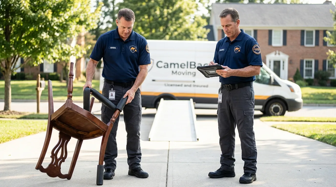 Movers inspecting furniture for damage prevention before loading in Greenvale, NY